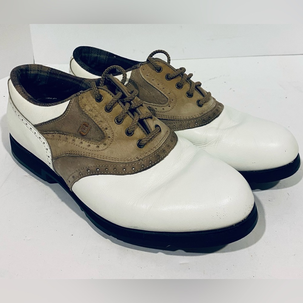 FootJoy Women's 8M Golf Shoe #98308 SoftJoys Terrains Soft Spikes White and Tan